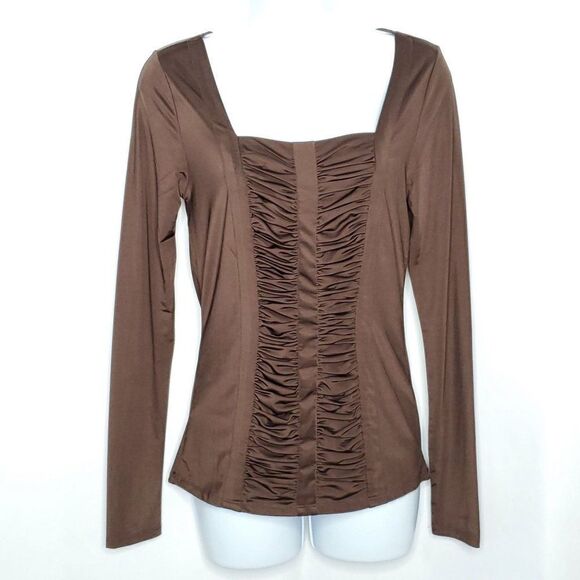 NEW Carmen Marc Valvo Ruched Front Bodycon Top S Dark Brown Sexy - Picture 1 of 5